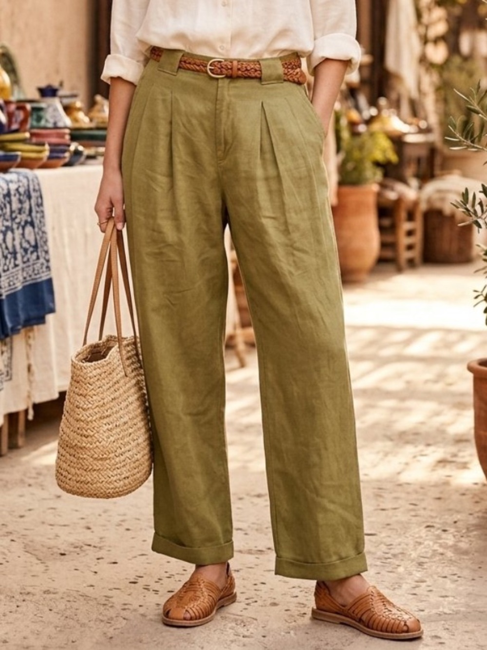 Van Heusen Linen Pants Pleated Front Vintage Relaxed Wide Leg Cuffed Sz Medium